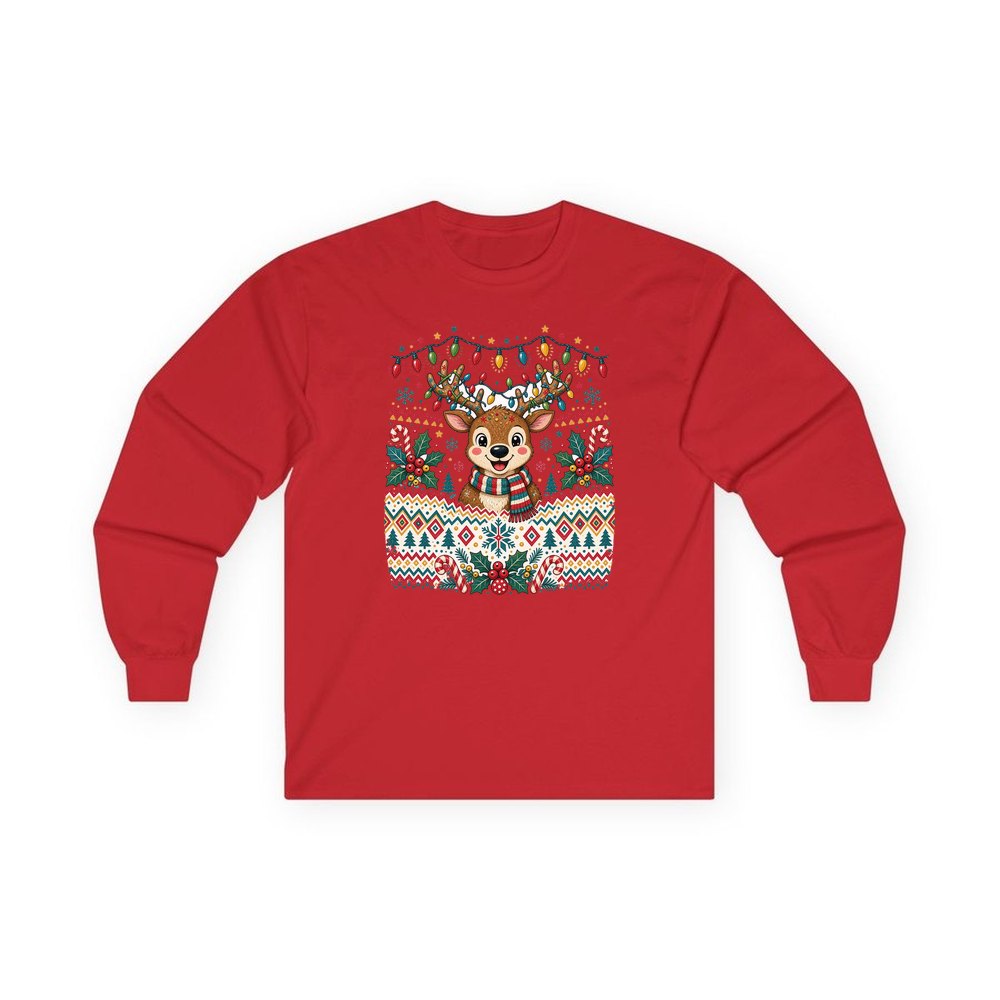 Ugly Christmas Jumper Reindeer personalised long sleeve Christmas T-shirt in red