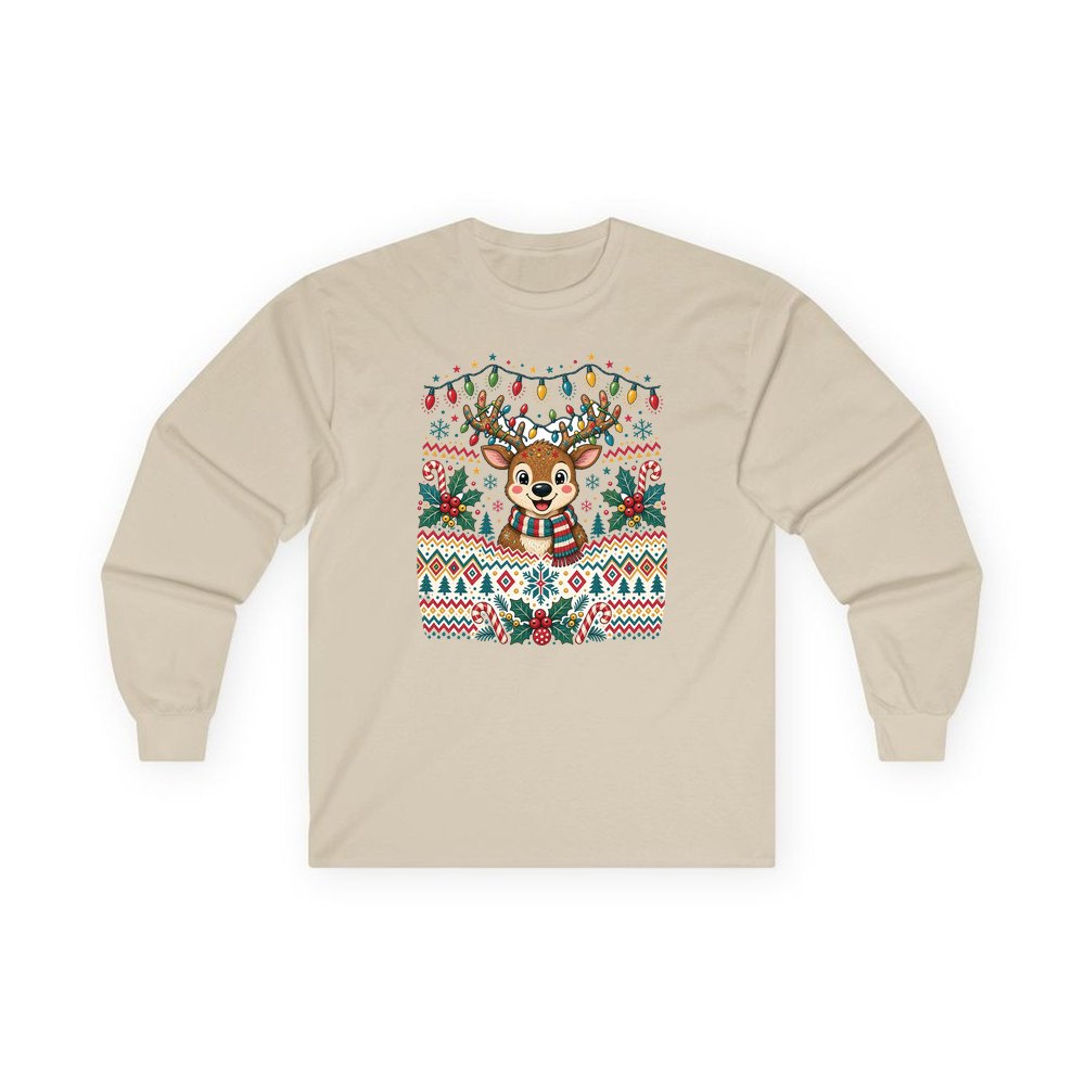 Ugly Christmas Jumper Reindeer personalised long sleeve Christmas T-shirt in sand