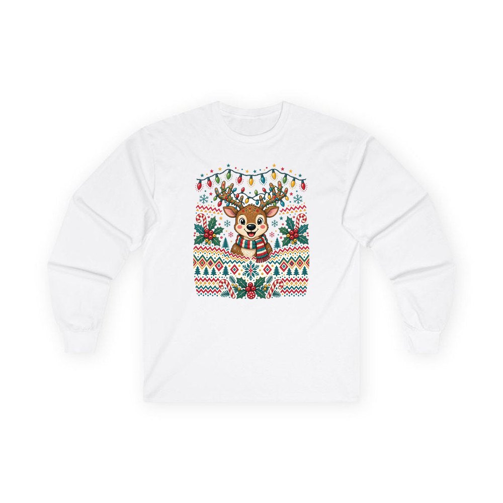 Ugly Christmas Jumper Reindeer personalised long sleeve Christmas T-shirt in white