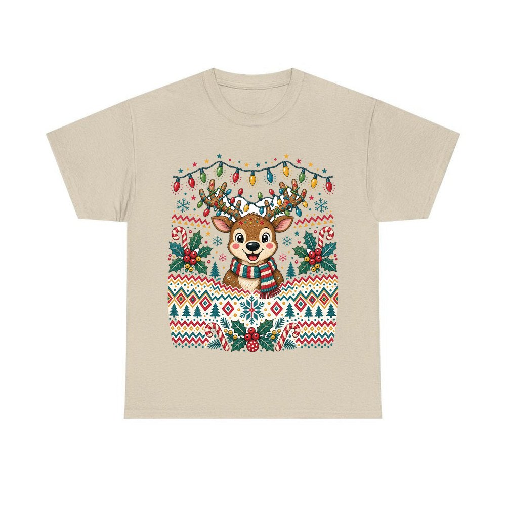 Ugly Christmas Jumper Reindeer personalised Christmas T-shirt in sand