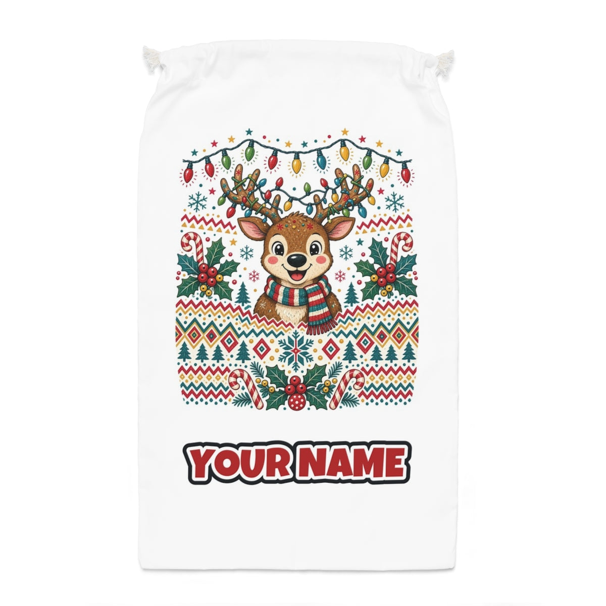 Ugly Christmas Jumper Reindeer Santa sack laid flat, showing the full print
