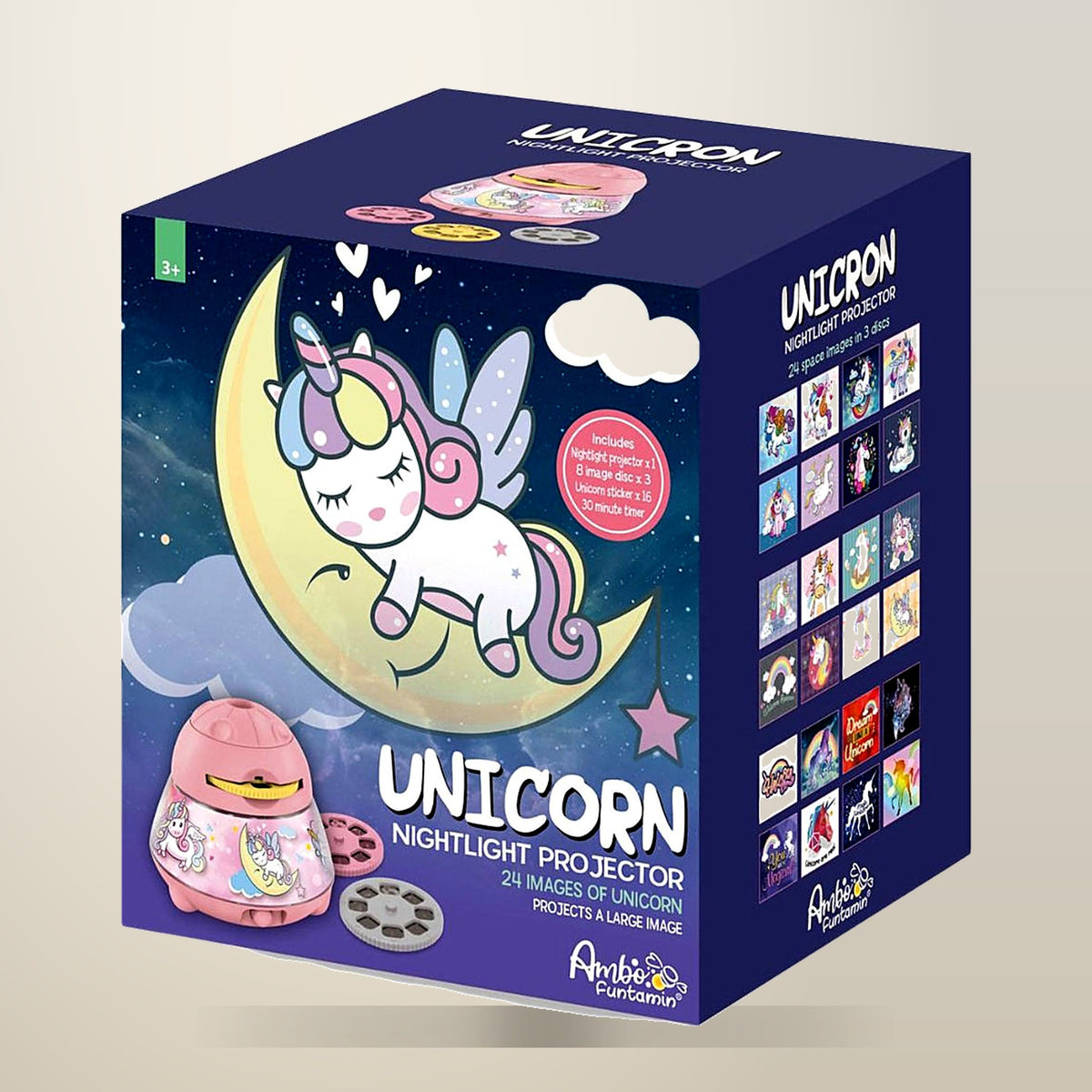 Kenisy Unicorn Night Light Projector, 24 Images, Ages 3+, on a plain cream background