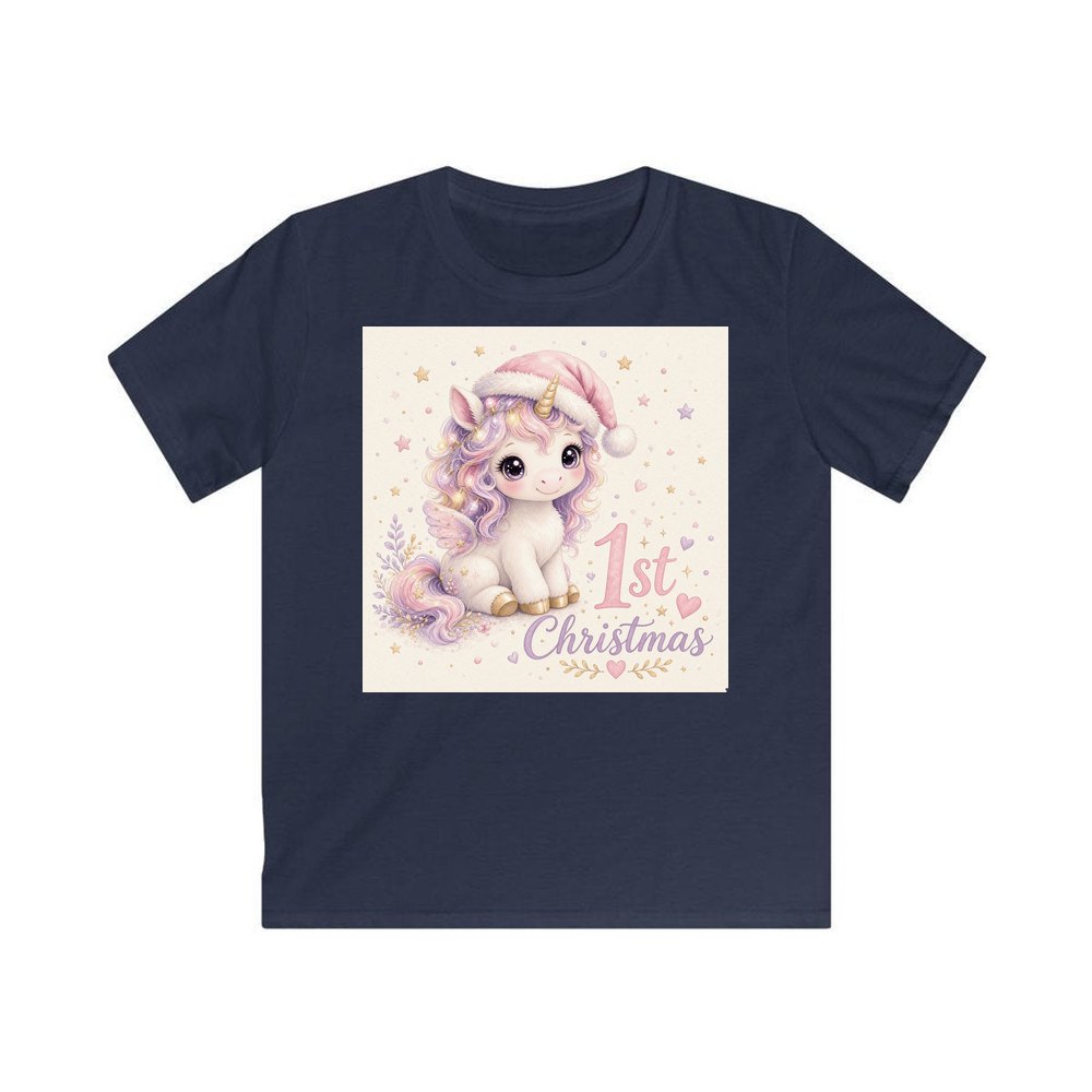 Unicorn First Christmas personalised kids Christmas tee in navy