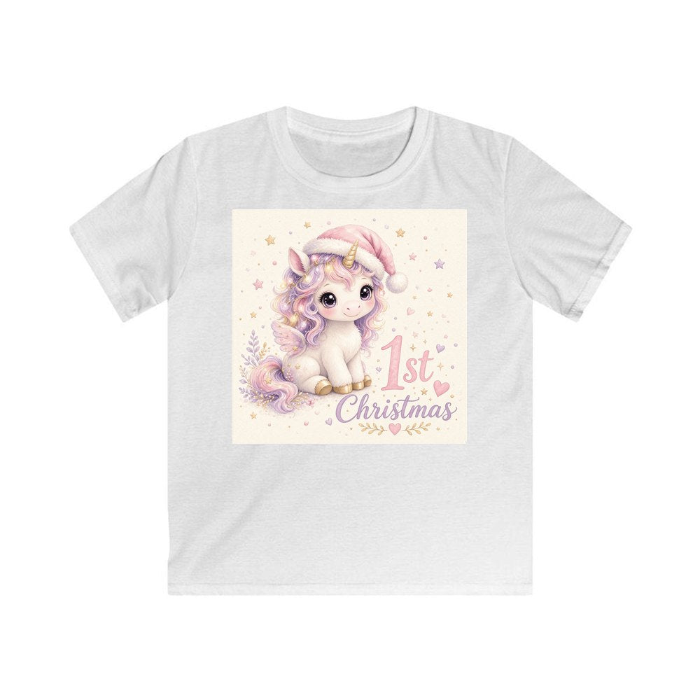 Unicorn First Christmas personalised kids Christmas tee in white