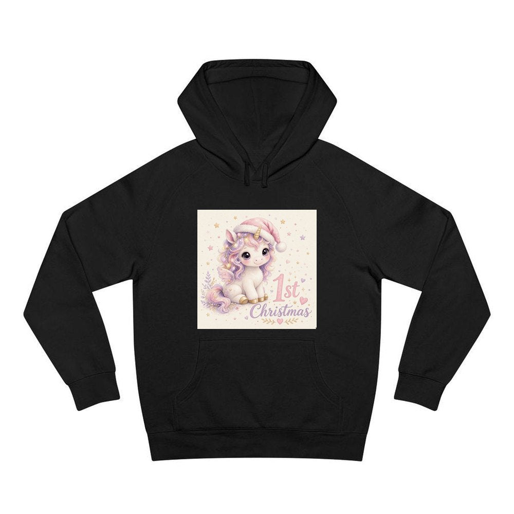 Unicorn First Christmas personalised Christmas hoodie in black