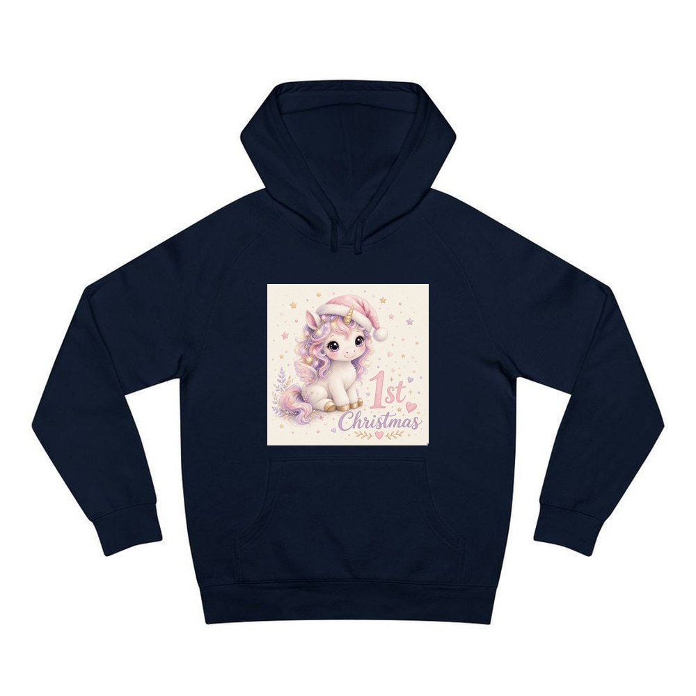 Unicorn First Christmas personalised Christmas hoodie in navy