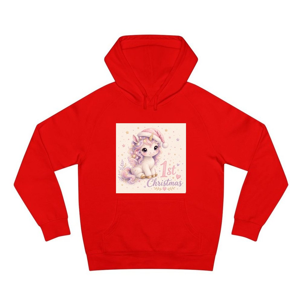 Unicorn First Christmas personalised Christmas hoodie in red