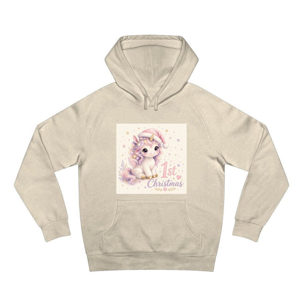 Unicorn First Christmas personalised Christmas hoodie in sand