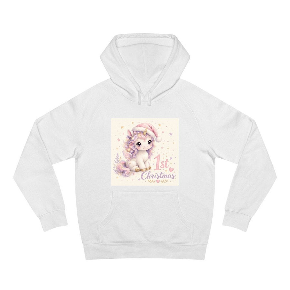 Unicorn First Christmas personalised Christmas hoodie in white