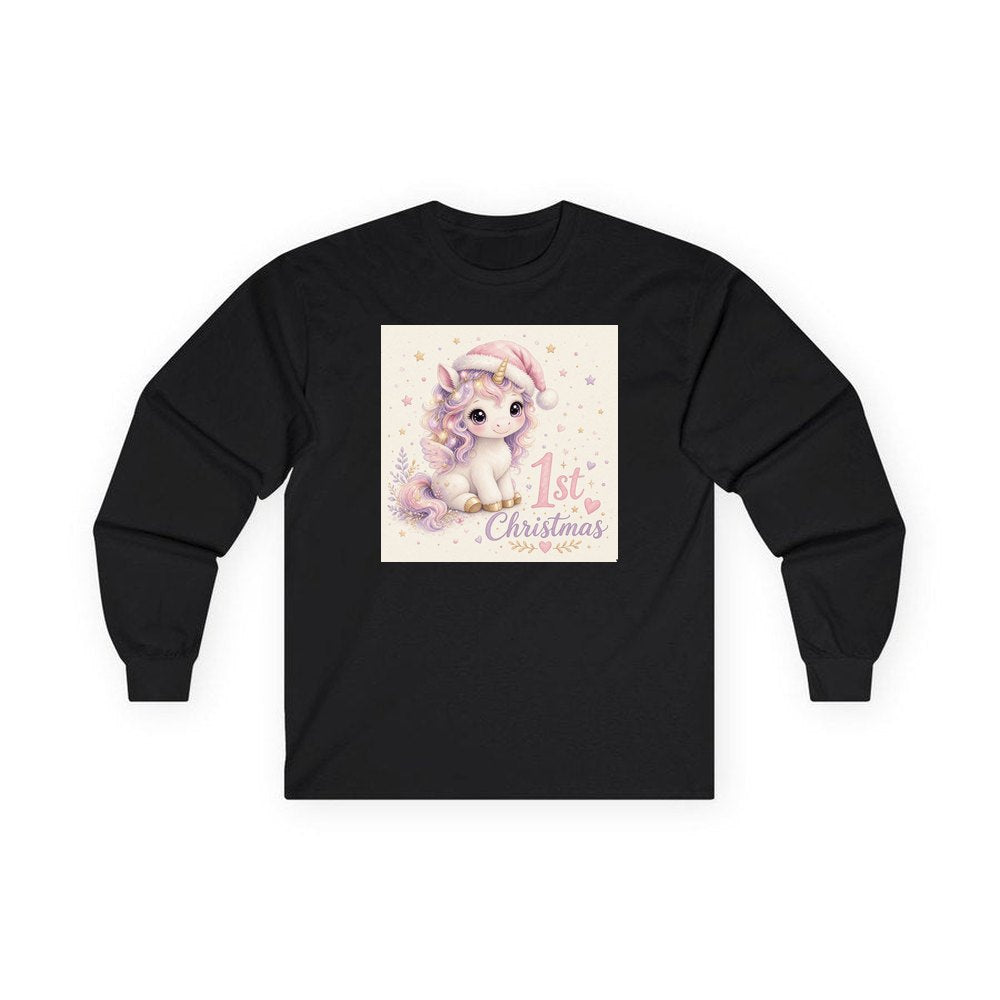 Unicorn First Christmas personalised long sleeve Christmas T-shirt in black
