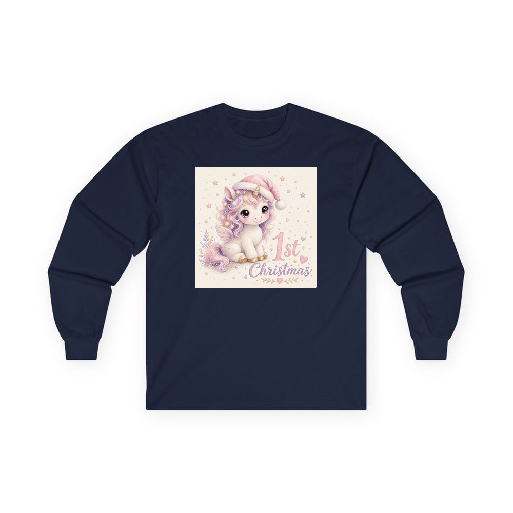Unicorn First Christmas personalised long sleeve Christmas T-shirt in navy