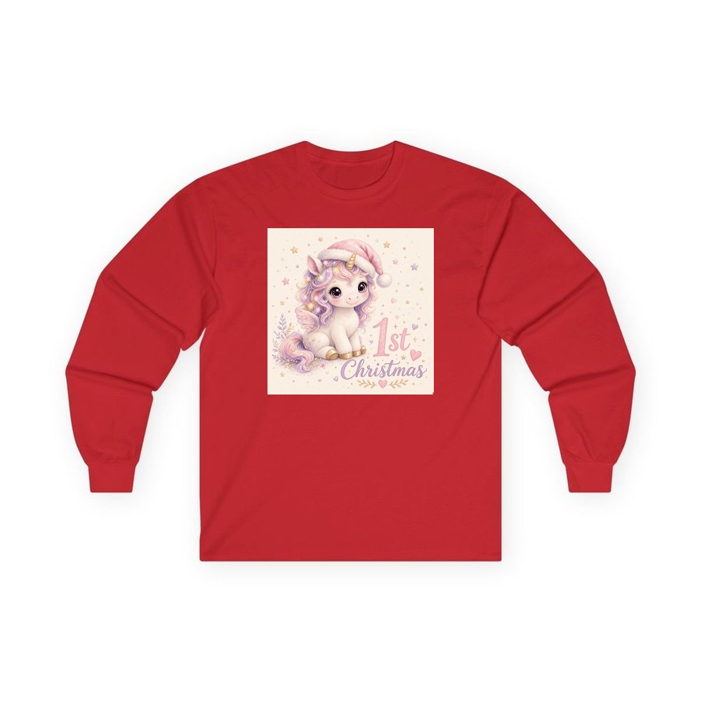 Unicorn First Christmas personalised long sleeve Christmas T-shirt in red