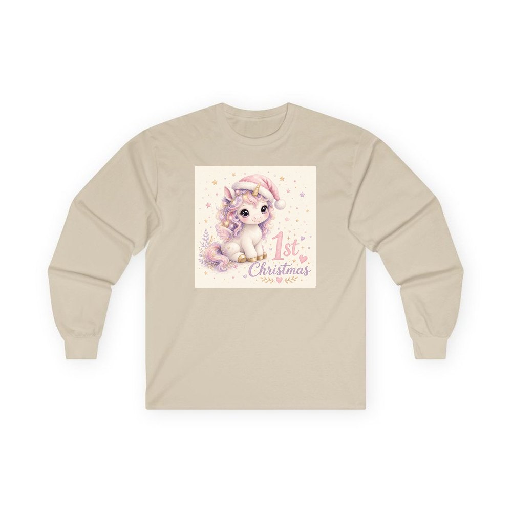 Unicorn First Christmas personalised long sleeve Christmas T-shirt in sand