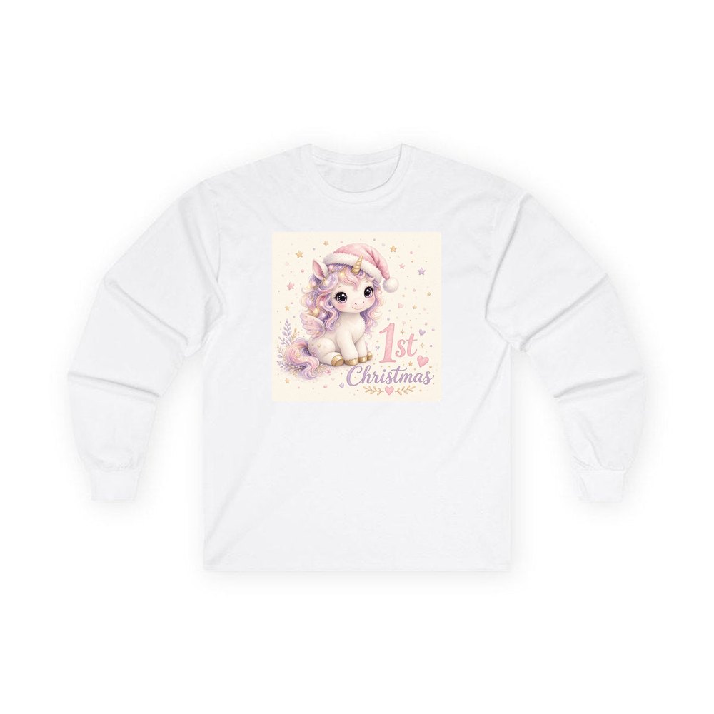 Unicorn First Christmas personalised long sleeve Christmas T-shirt in white