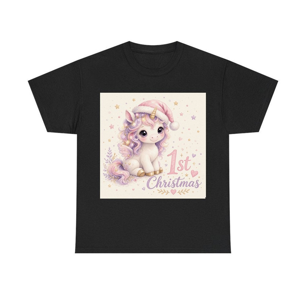 Unicorn First Christmas personalised Christmas T-shirt in black