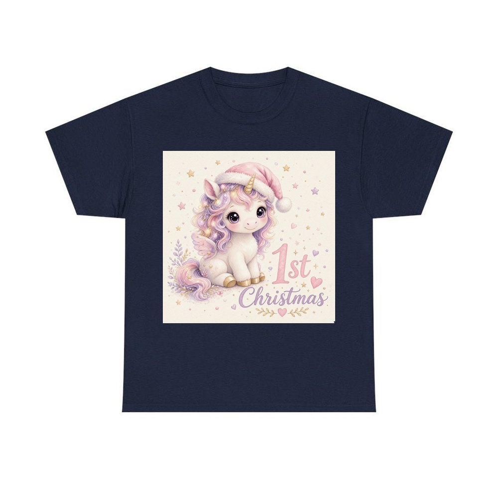 Unicorn First Christmas personalised Christmas T-shirt in navy