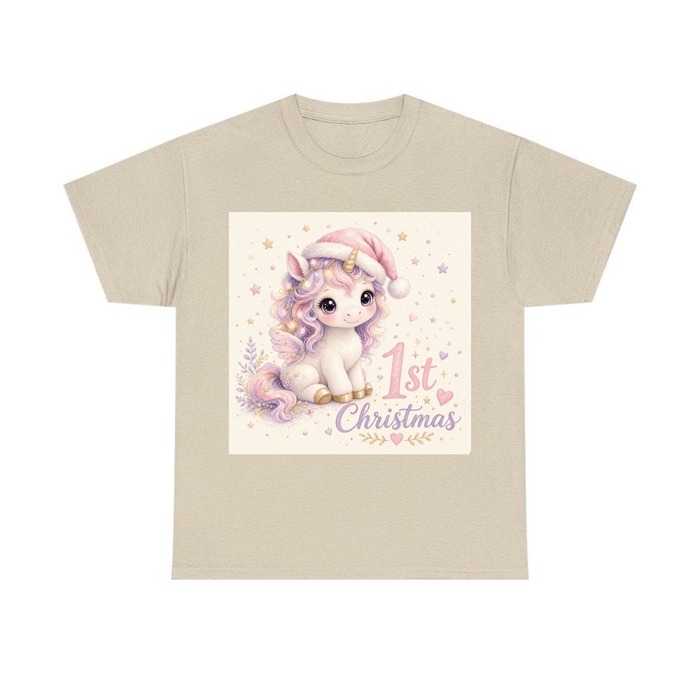 Unicorn First Christmas personalised Christmas T-shirt in sand
