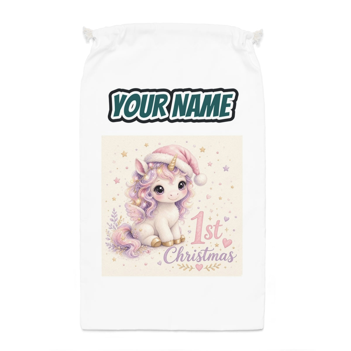 Unicorn First Christmas Santa sack laid flat, showing the full print