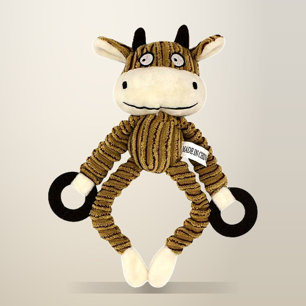 Squeaky Plush Dog Toy, Monkey, Bear or Cow, 26 cm, on a plain cream background