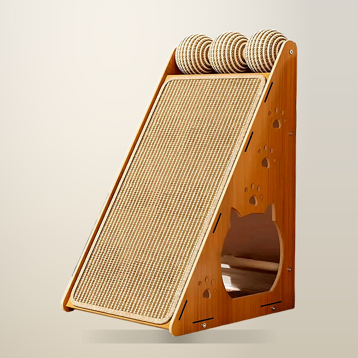 Wall Mounted Cat Scratcher, Natural Wood, 37 x 29 cm, on a plain cream background