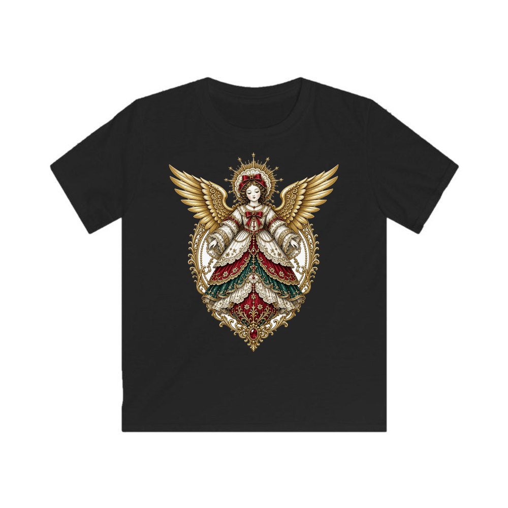 Victorian Angel Ornament personalised kids Christmas tee in black