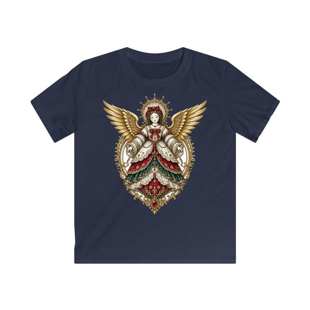 Victorian Angel Ornament personalised kids Christmas tee in navy