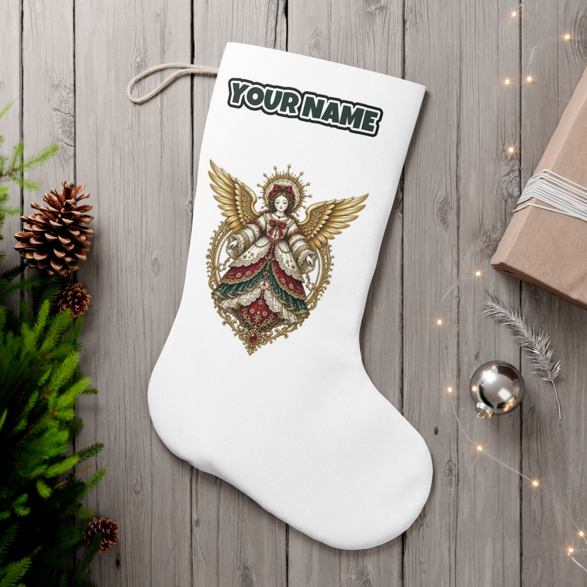 Victorian Angel Ornament personalised Christmas stocking, white, with the name across the top