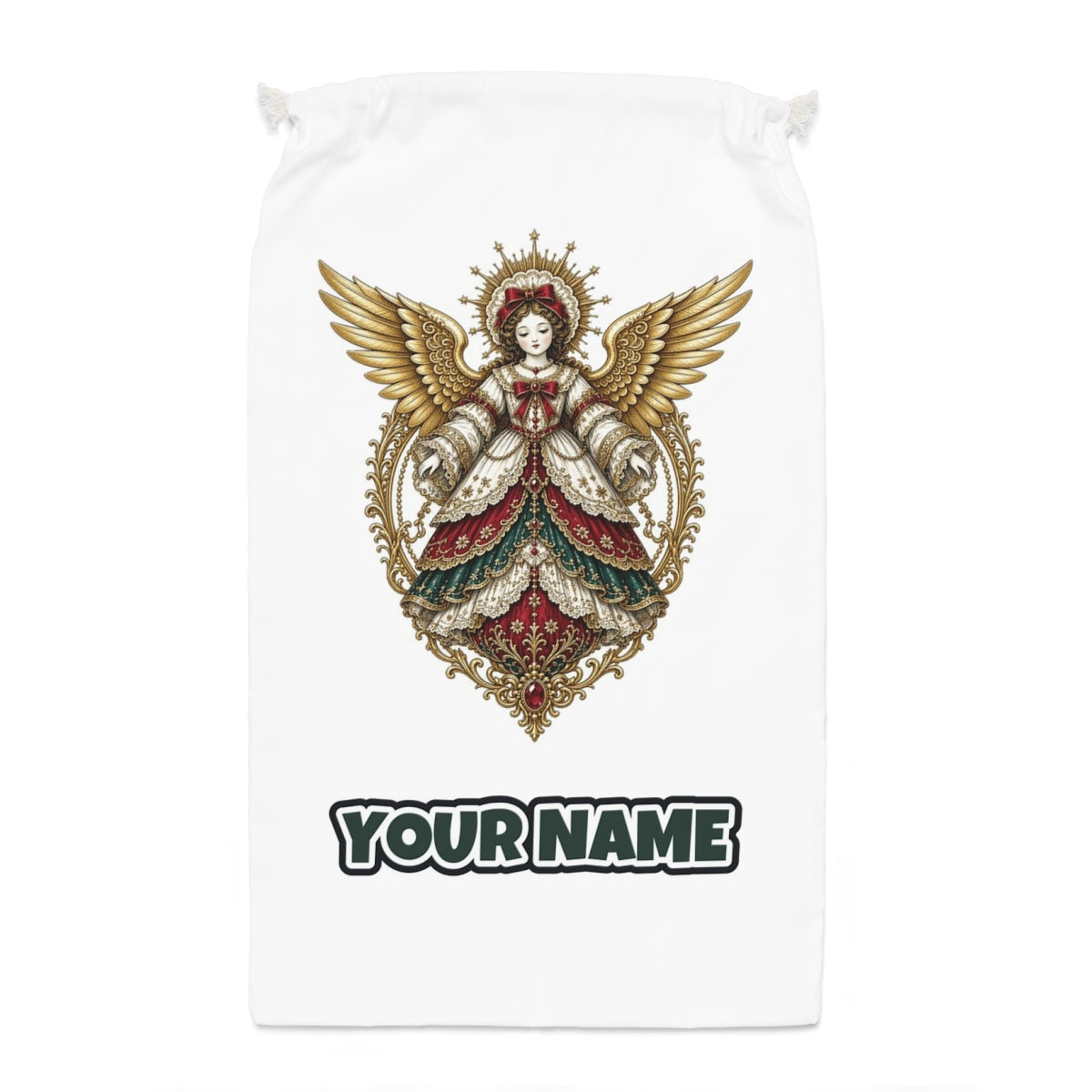 Victorian Angel Ornament Santa sack laid flat, showing the full print