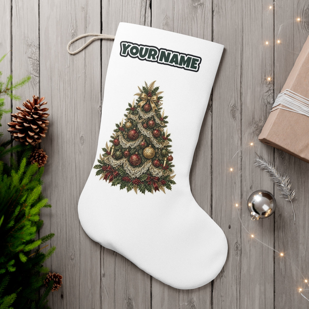 Victorian Christmas Tree personalised Christmas stocking, white, with the name across the top