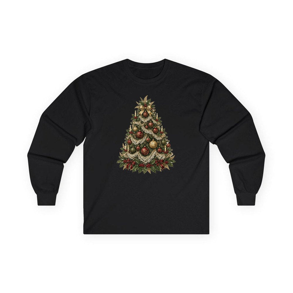 Victorian Christmas Tree personalised long sleeve Christmas T-shirt in black