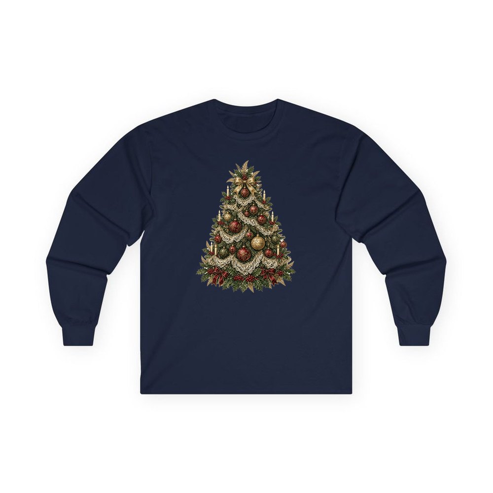 Victorian Christmas Tree personalised long sleeve Christmas T-shirt in navy