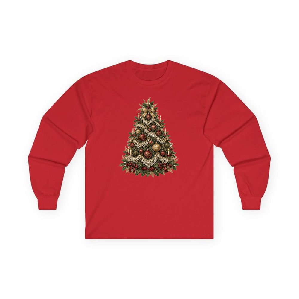 Victorian Christmas Tree personalised long sleeve Christmas T-shirt in red
