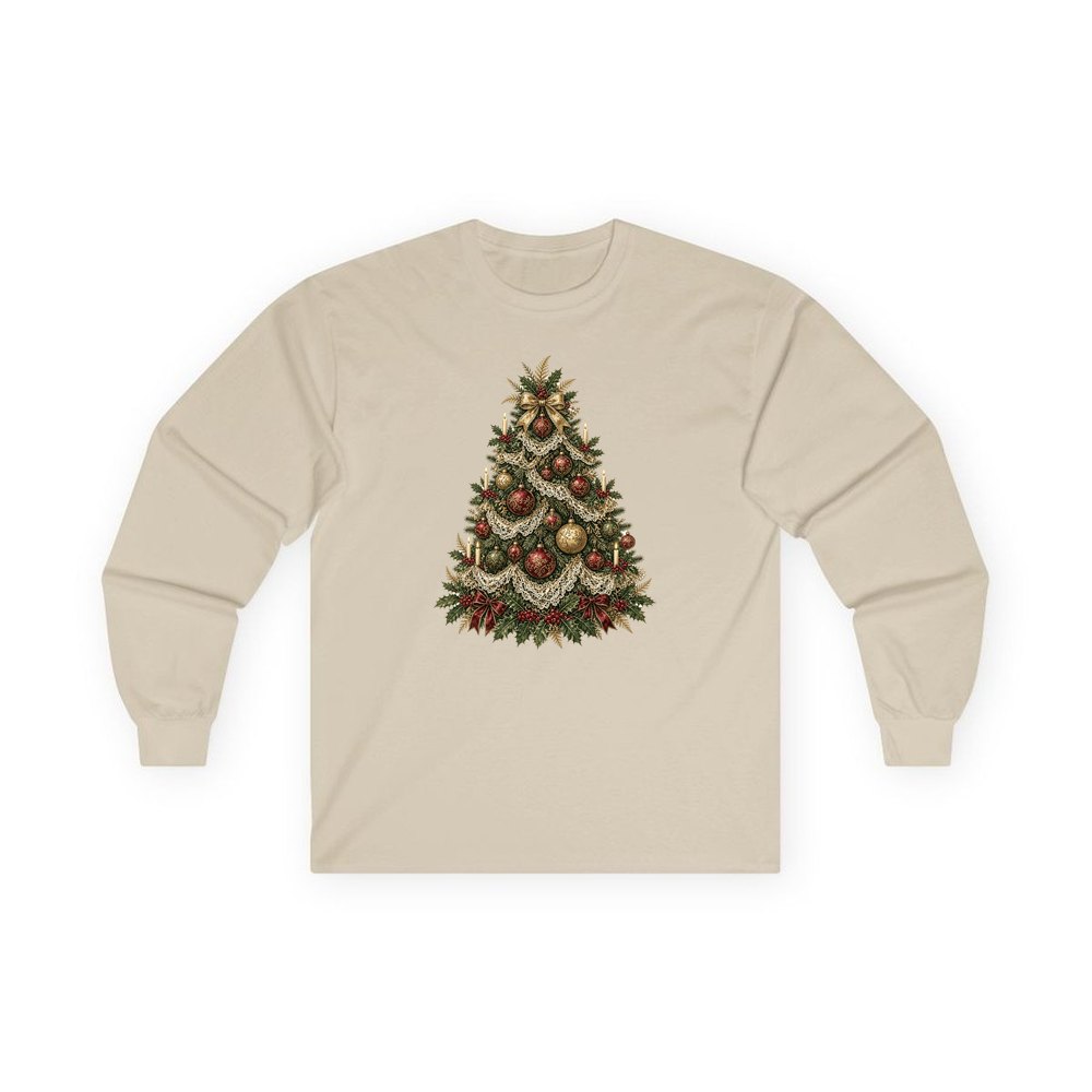 Victorian Christmas Tree personalised long sleeve Christmas T-shirt in sand