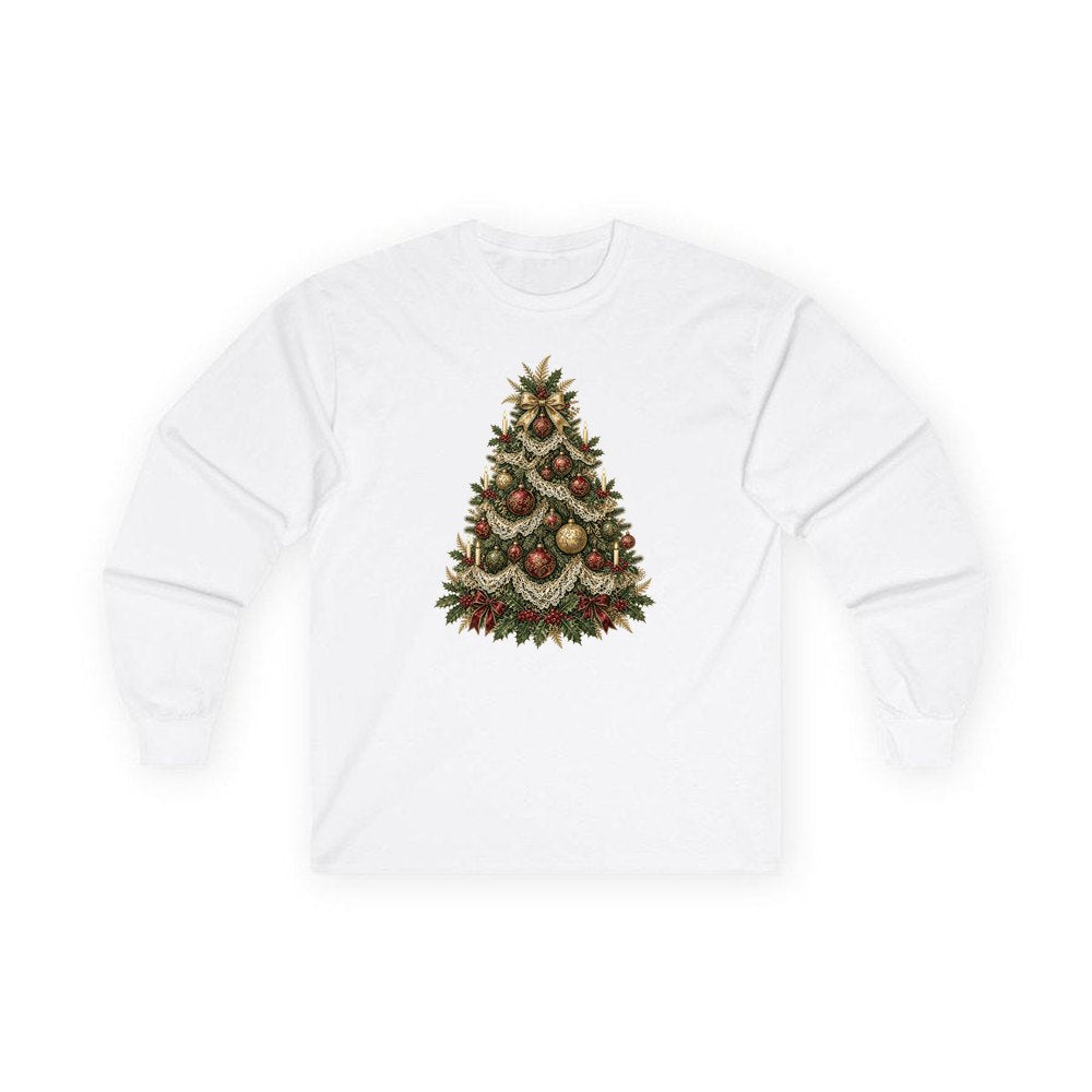 Victorian Christmas Tree personalised long sleeve Christmas T-shirt in white