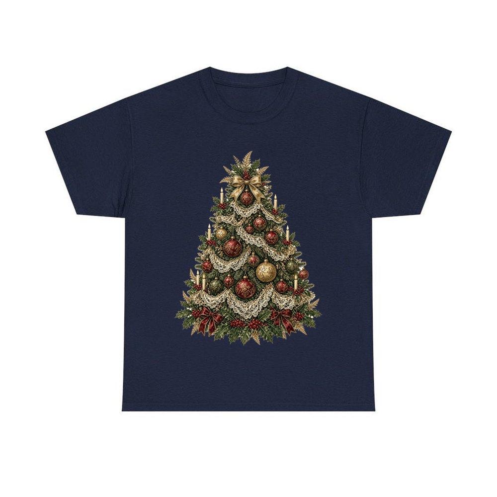 Victorian Christmas Tree personalised Christmas T-shirt in navy