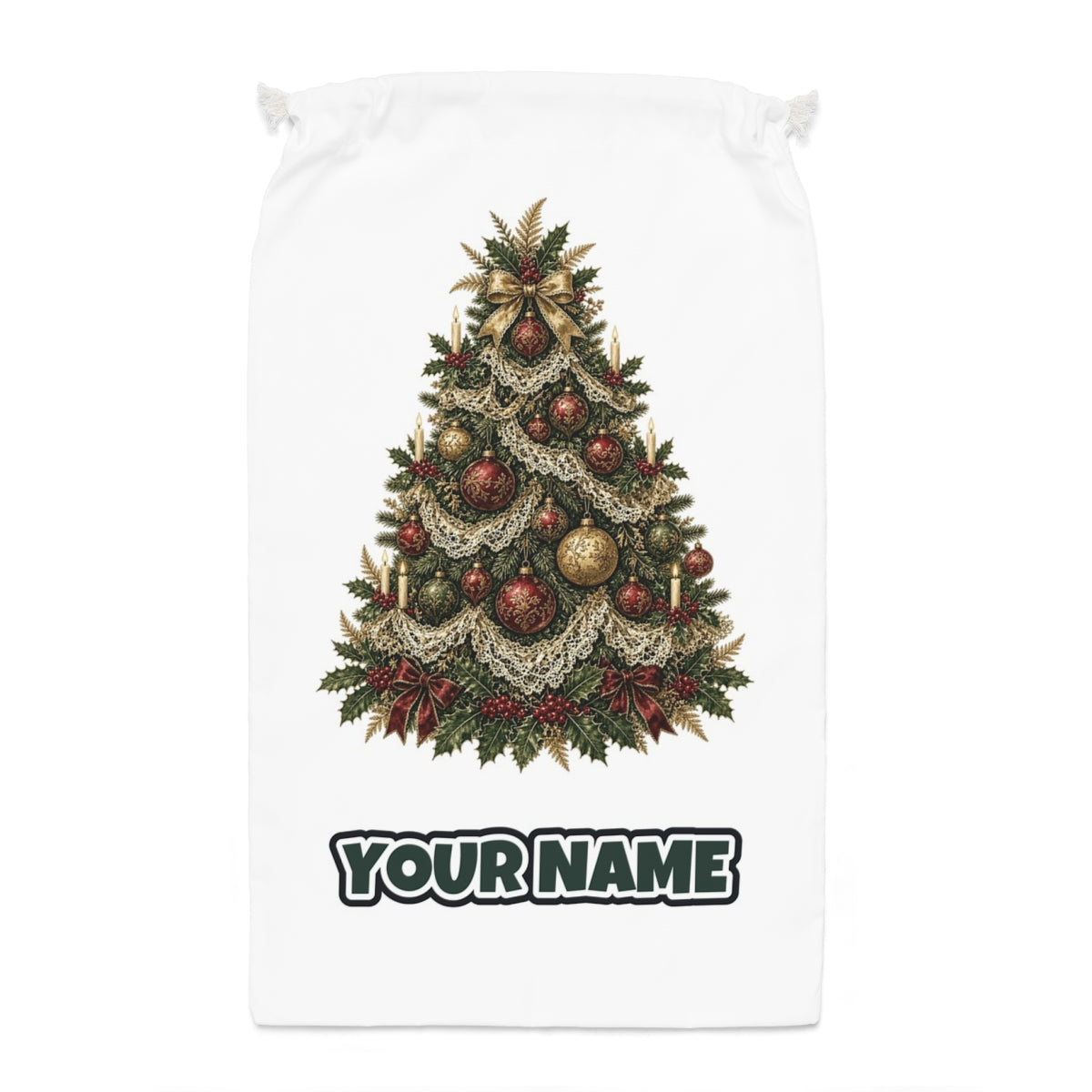 Victorian Christmas Tree Santa sack laid flat, showing the full print
