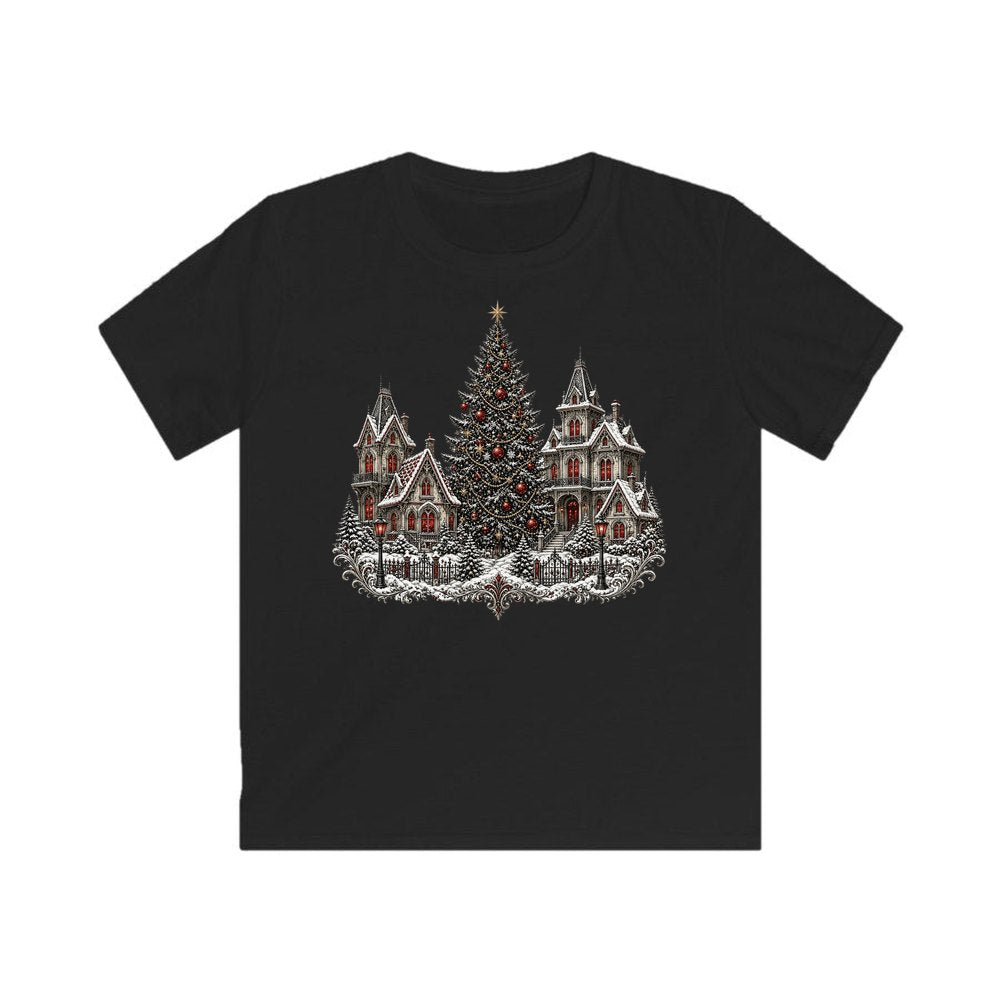 Victorian Christmas Village personalised kids Christmas tee in black