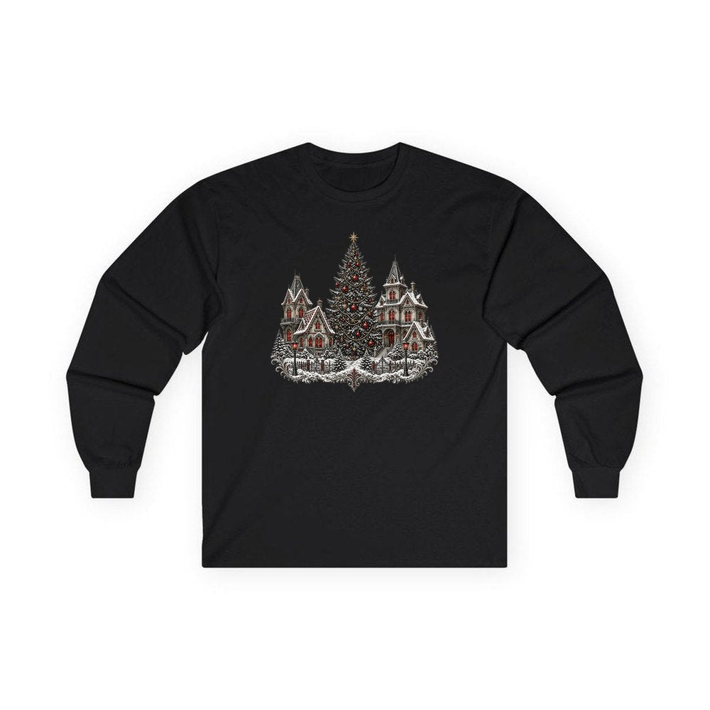 Victorian Christmas Village personalised long sleeve Christmas T-shirt in black