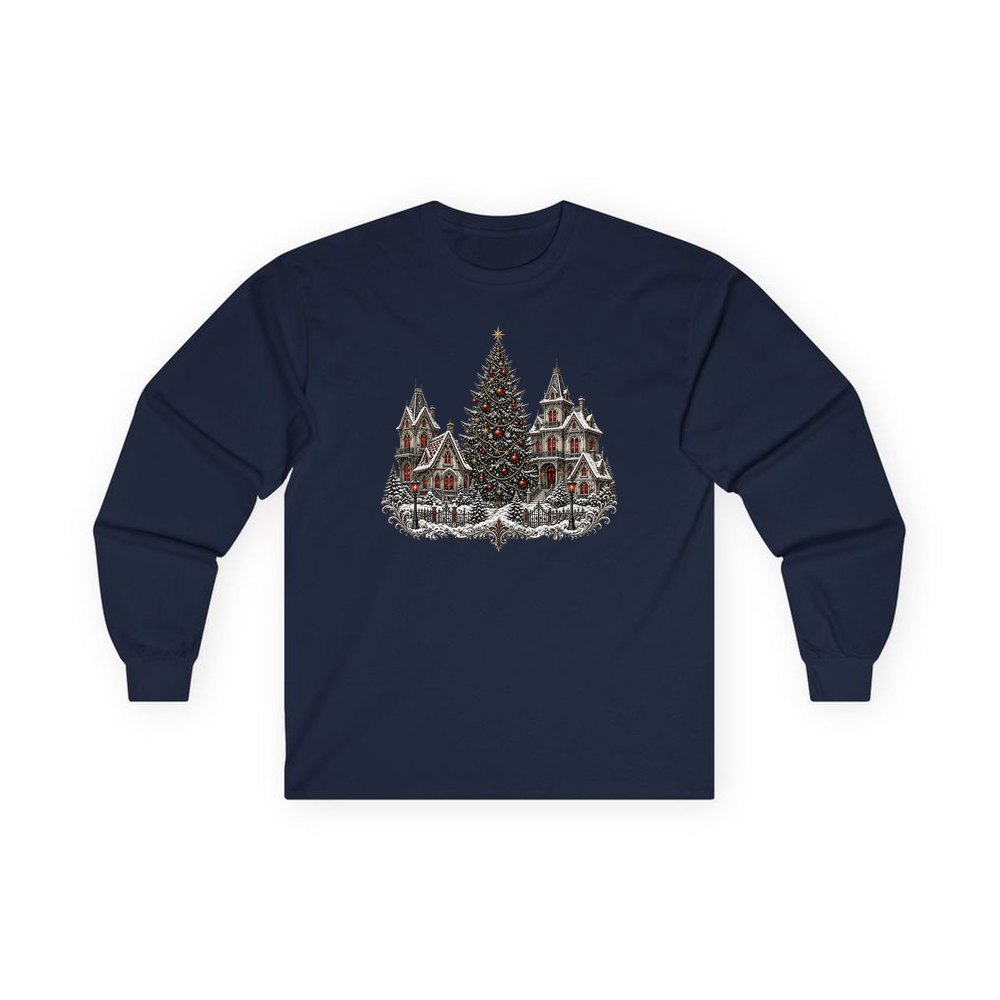 Victorian Christmas Village personalised long sleeve Christmas T-shirt in navy