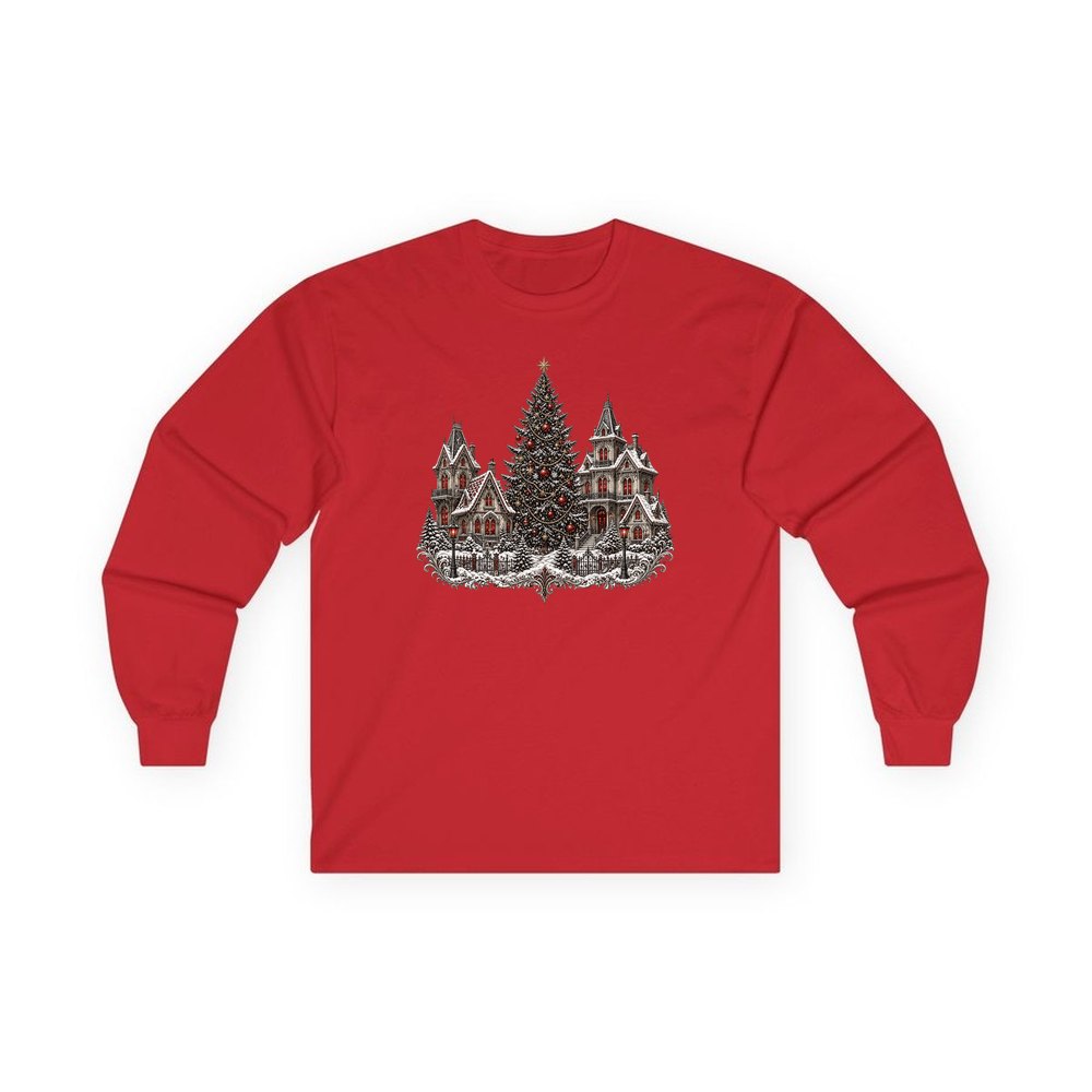 Victorian Christmas Village personalised long sleeve Christmas T-shirt in red