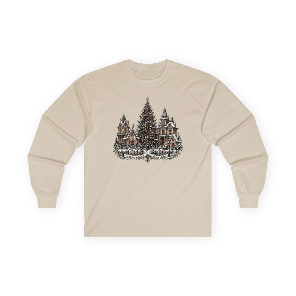 Victorian Christmas Village personalised long sleeve Christmas T-shirt in sand