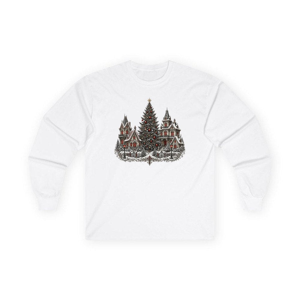 Victorian Christmas Village personalised long sleeve Christmas T-shirt in white