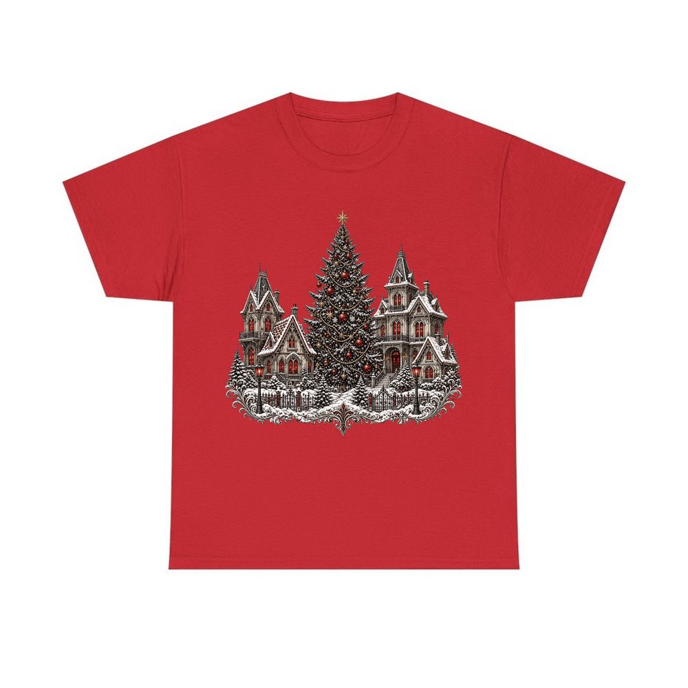 Victorian Christmas Village personalised Christmas T-shirt in red