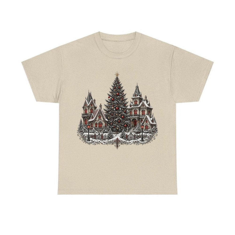Victorian Christmas Village personalised Christmas T-shirt in sand