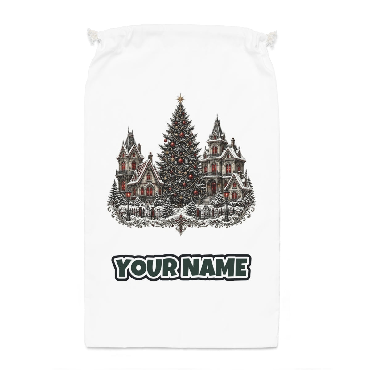Victorian Christmas Village Santa sack laid flat, showing the full print