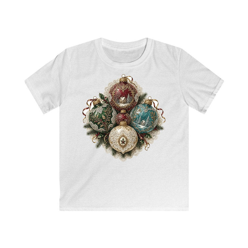 Victorian Glass Ornaments Kids Christmas Tee design on a white kids tee