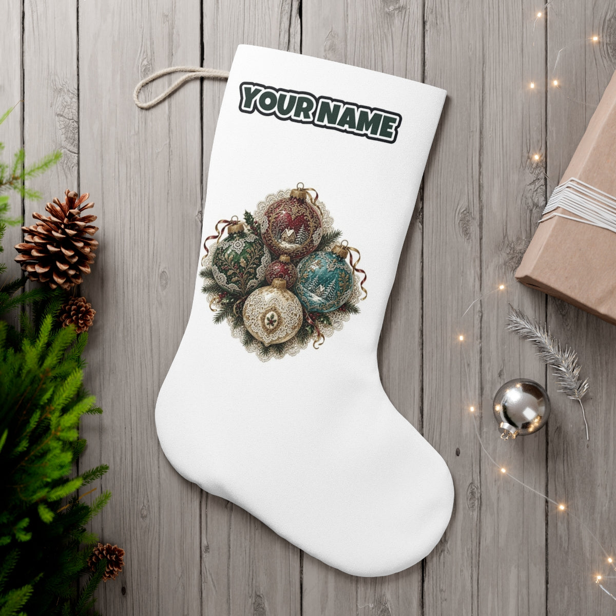 Victorian Glass Ornaments personalised Christmas stocking, white, with the name across the top