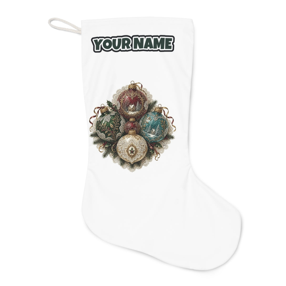 Victorian Glass Ornaments Christmas stocking laid flat, showing the full print