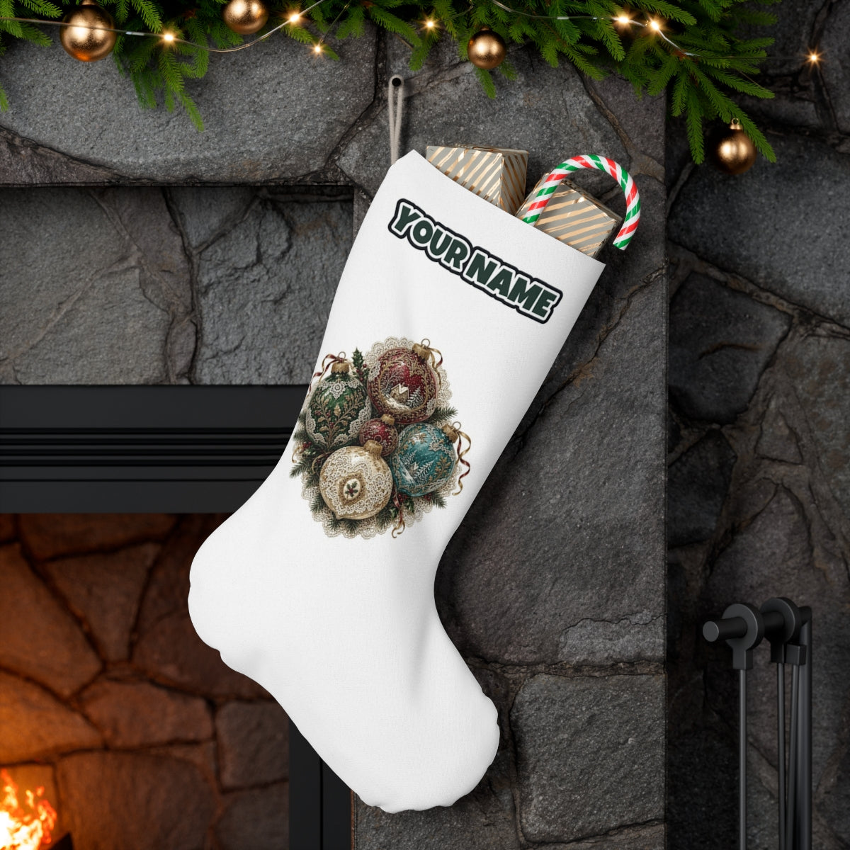 Victorian Glass Ornaments personalised Christmas stocking hanging on a mantel