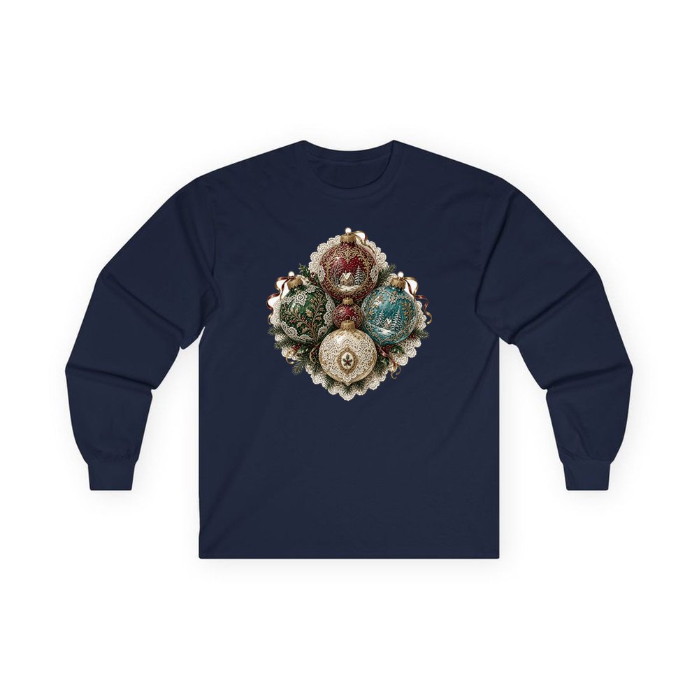 Victorian Glass Ornaments personalised long sleeve Christmas T-shirt in navy